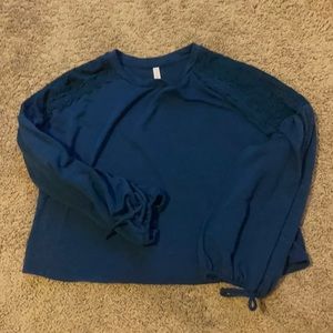 Blue sweater with lacy shoulder detail